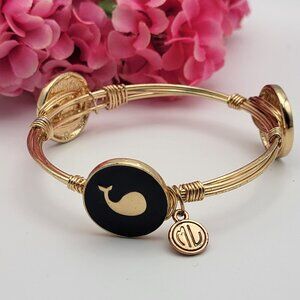 Ocean Whales Blue Enamel Wire Bangle Bracelet 8" Gold Tone Signed Marley Lilly